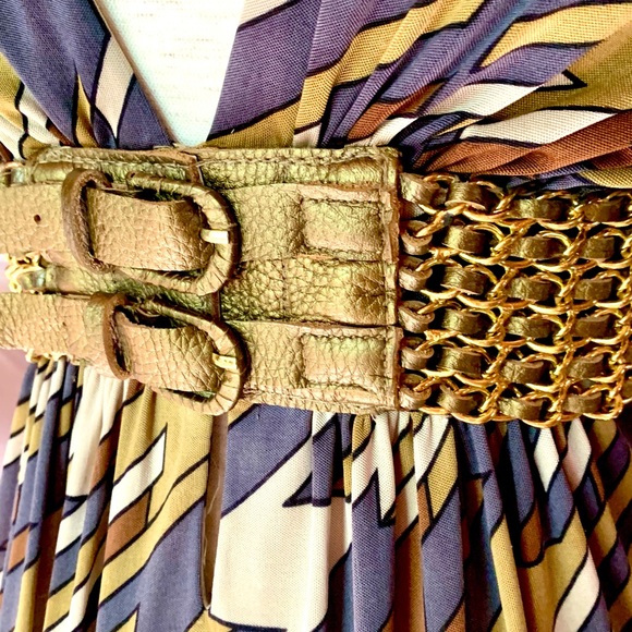 SKY ❌SOLD❌BRAND TOP GEOMETRIC 100% SILK LEATHER COUTURE CHAIN BELT SZ SMALL USA. - Picture 4 of 6